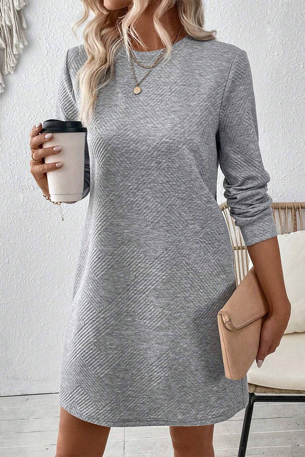 Customizable Solid Color Textured Long Sleeve Shift Dress: Gray / 97%Polyester+3%Elastane / L