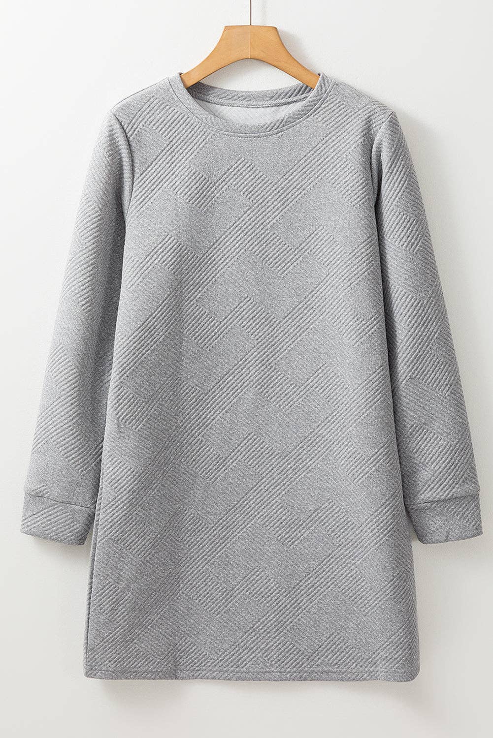 Customizable Solid Color Textured Long Sleeve Shift Dress: Gray / 97%Polyester+3%Elastane / L