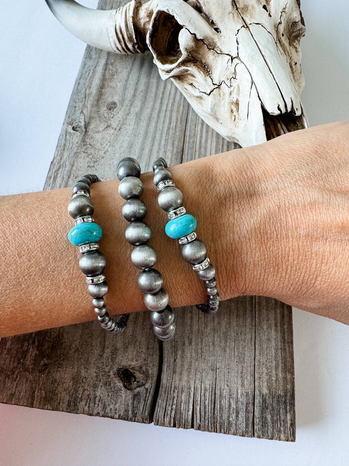 Western Pearl and Bead Stackable Bracelets: SILVER