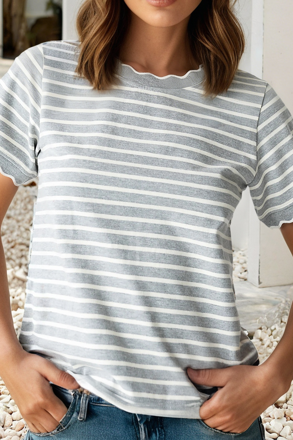 LDC Spring Scalloped Trim Round Neck Stripe T Shirt| S-4X: Green Stripe-2 / M