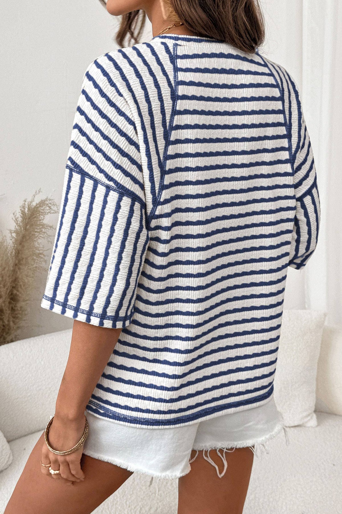 Stripe Textured Knit Split Hem Half Sleeve Top | S-4X: Sky Blue Stripe / XL