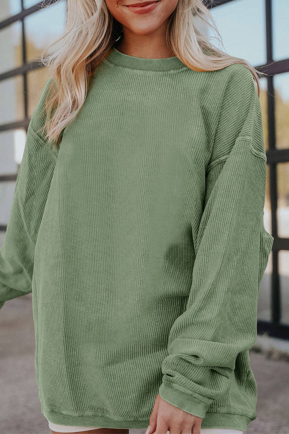 Ribbed Corded Oversized Sweatshirt: Grass Green / 100%Polyester / M