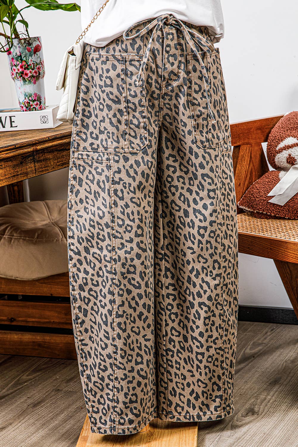 Fall 2026 Leopard Drawstring Waist Pocketed Wide Leg Jeans: As shown / Missy / 6