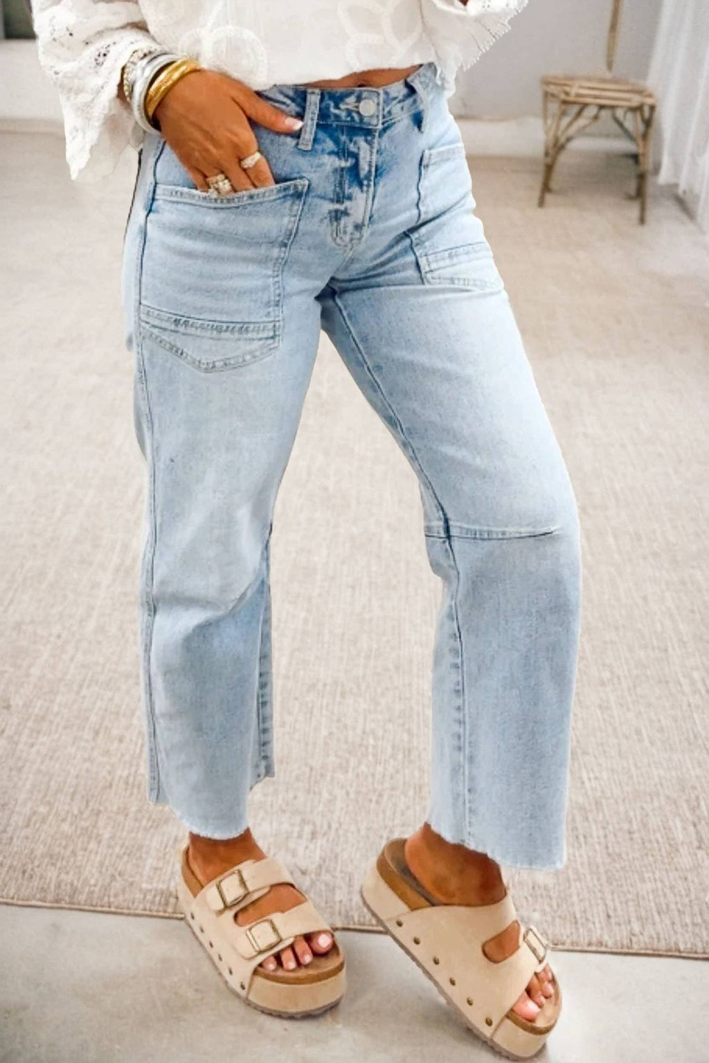Solid Frayed Regular Cropped Light Wash Denim Jeans 4-4X: Beau Blue / 8