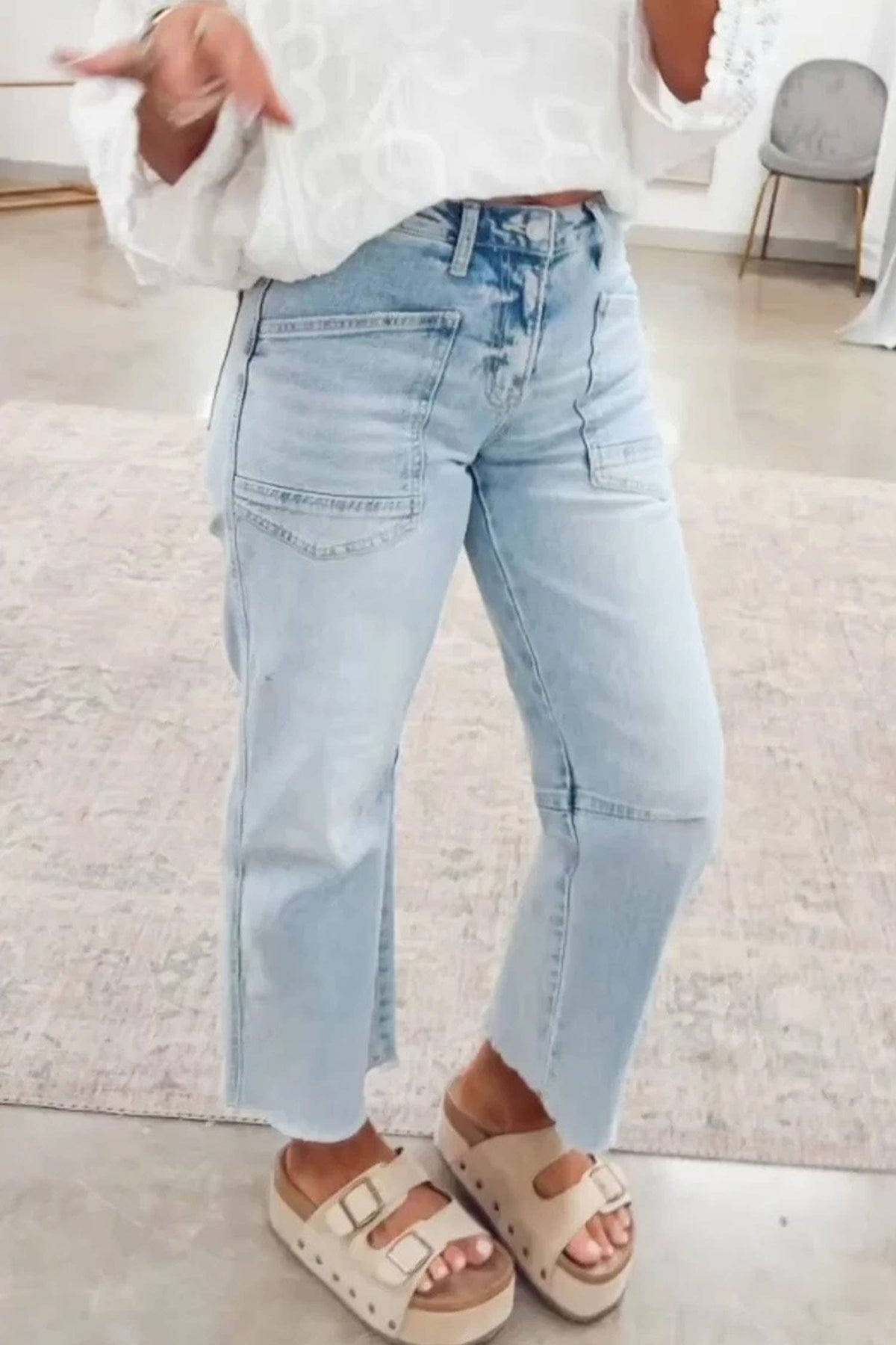 Solid Frayed Regular Cropped Light Wash Denim Jeans 4-4X: Beau Blue / 8