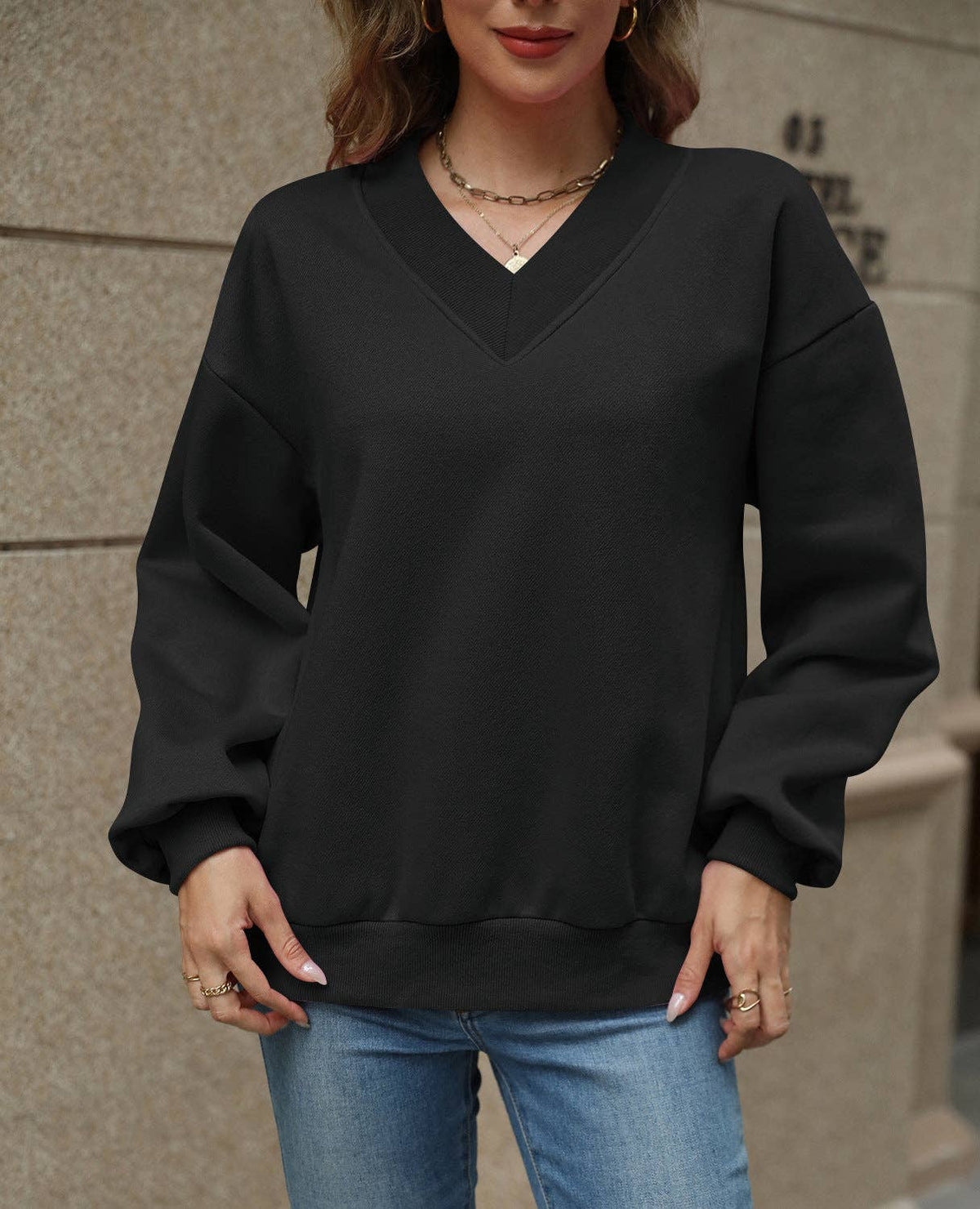 Solid Sweatshirt Casual Oversized V-Neck Pullover: Magenta / 35%Cotton+65%Polyester / M