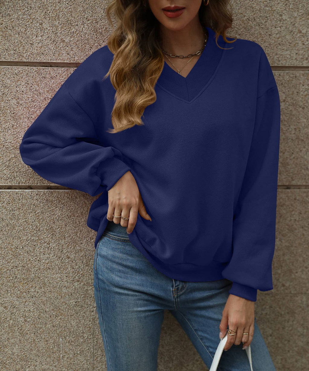 Solid Sweatshirt Casual Oversized V-Neck Pullover: Magenta / 35%Cotton+65%Polyester / M