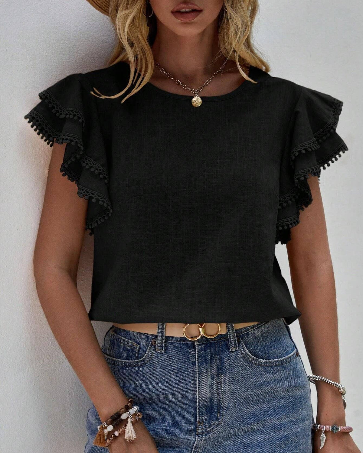 Summer Casual Loose Shirt Ruffle Short Sleeve Top: Blue / M