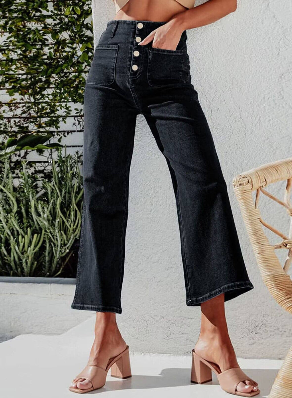 High-Waisted Stretch Denim Pants for Women - Classic Straight-Leg Jeans: Black / L