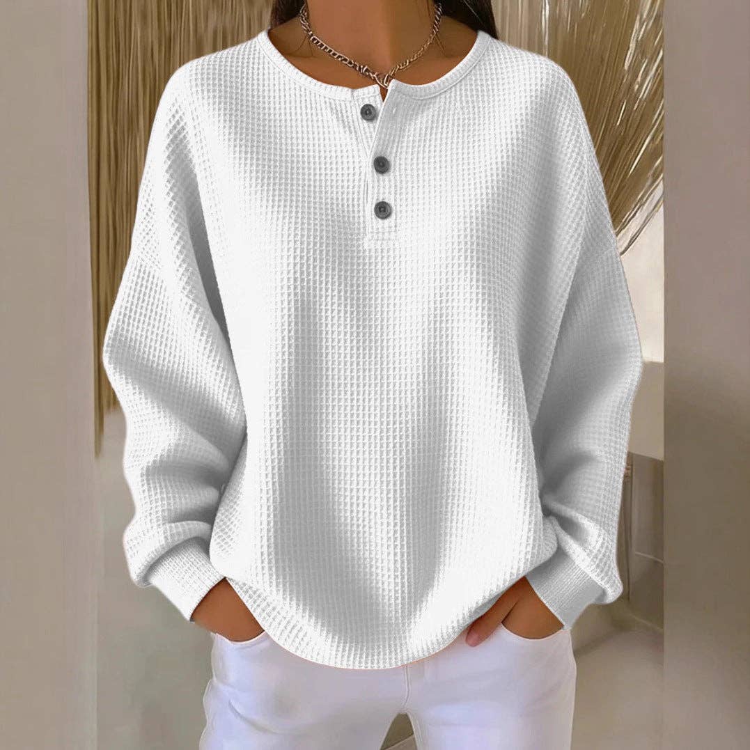 Waffle Knit Henley Top Oversized Long Sleeve Pullover: White / 100%Polyester / L