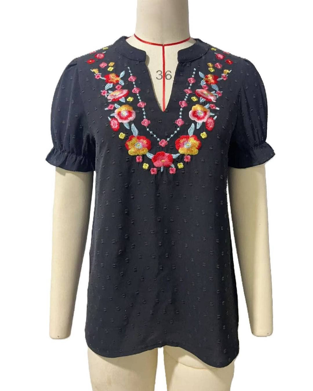 Boho Embroidered Floral Ruffle Top: NavyBlue / M