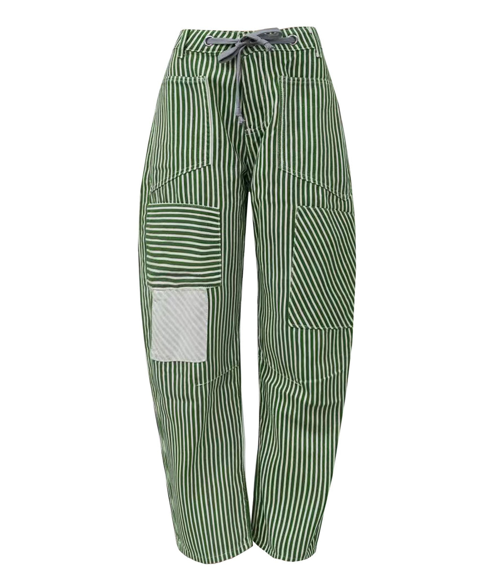 Fashion Mid-Rise Casual Striped Drawstring Wide-Leg Pants: Black / S