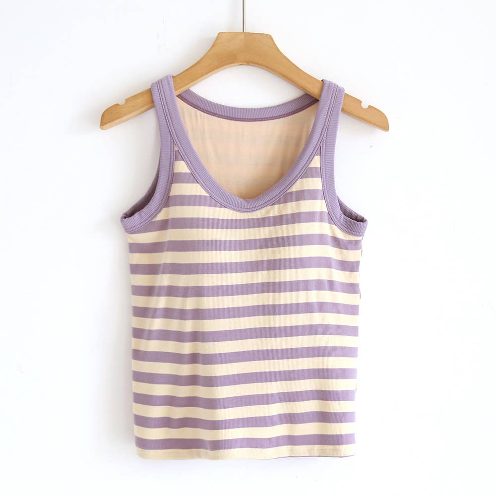 Stripe scoop neck rib knit built-in bra tank top: Black / L