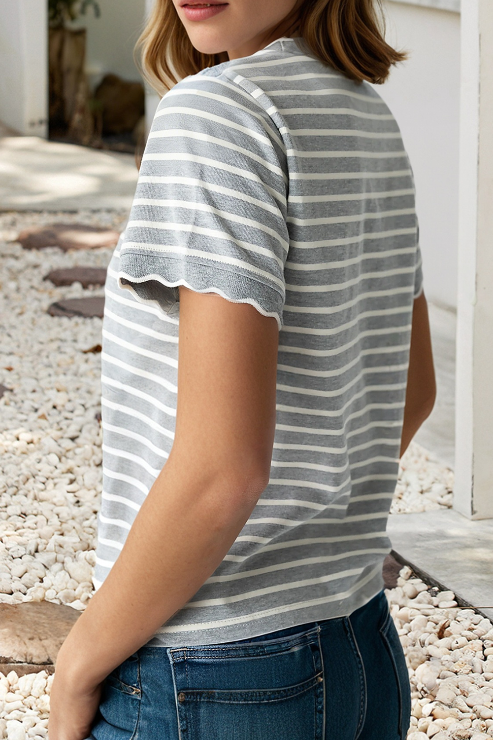 LDC Spring Scalloped Trim Round Neck Stripe T Shirt| S-4X: Green Stripe-2 / M