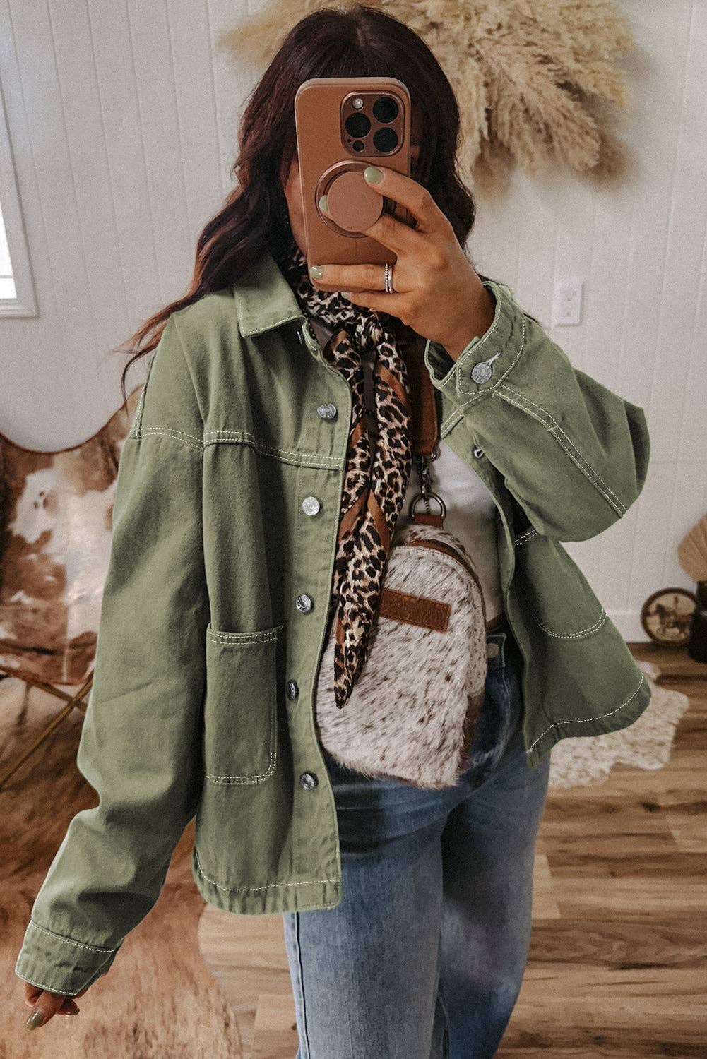 Smoke Green Patched Pocket Collared Button Front Boyfriend Denim Jacket: Smoke Green / 100%Cotton / M