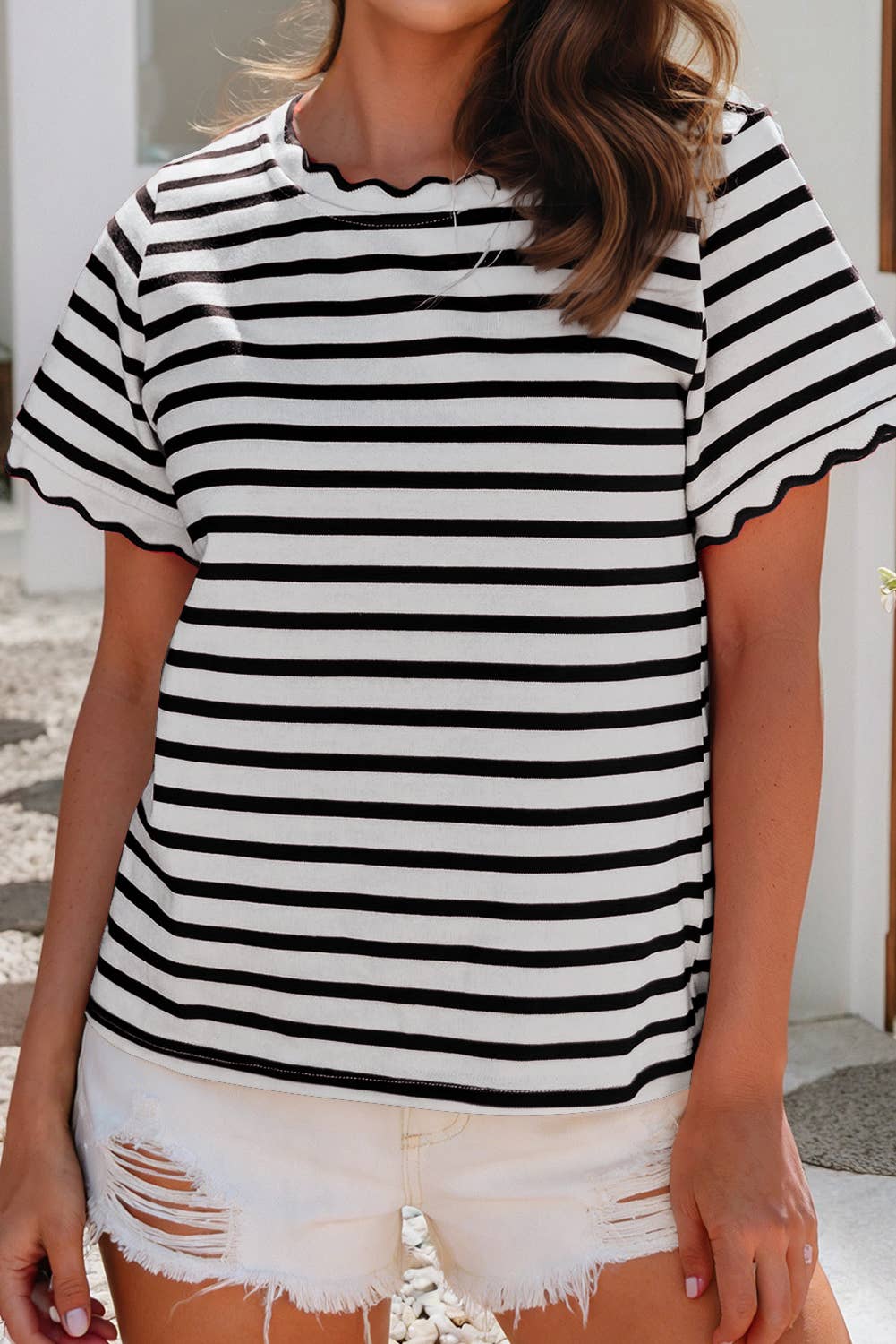 LDC Spring Scalloped Trim Round Neck Stripe T Shirt| S-4X: Green Stripe-2 / M
