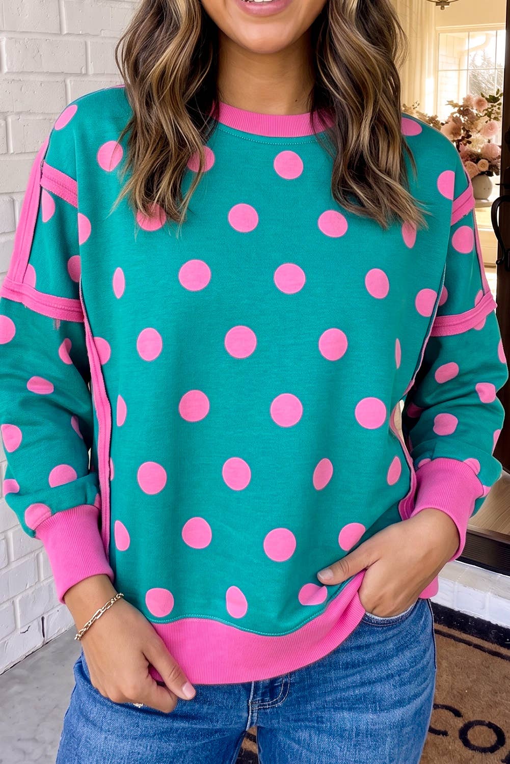LAS Polka Dot Patchwork Split Hem Casual Sweatshirt (S-XL): White / L