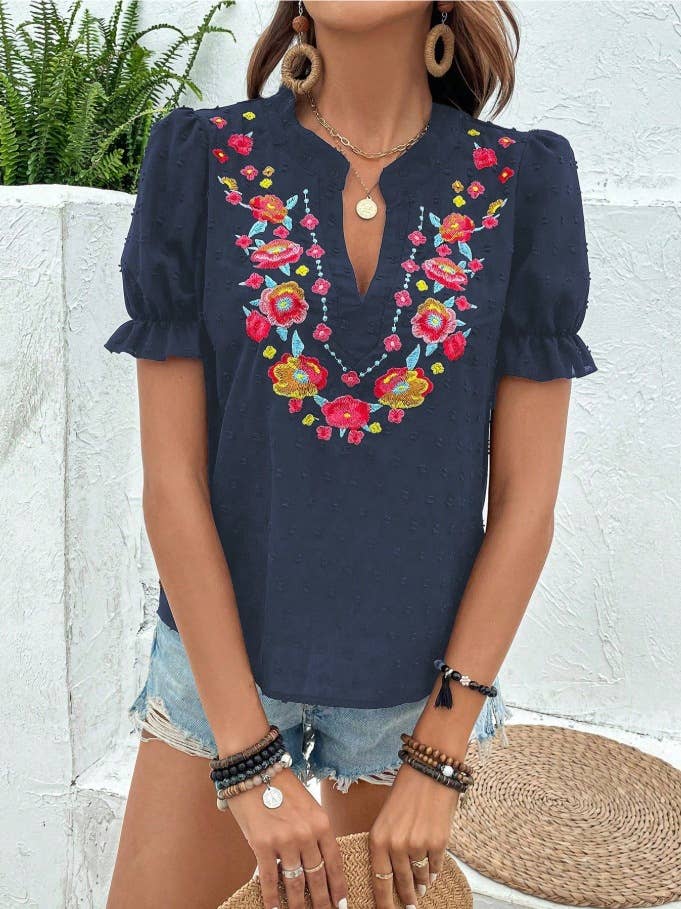 Boho Embroidered Floral Ruffle Top: NavyBlue / M