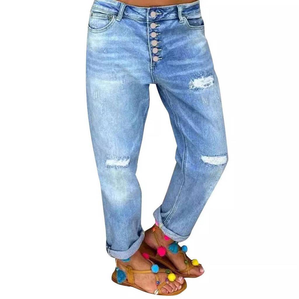 Women's Casual Blue Ripped Loose-Fit Jeans: Blue / M