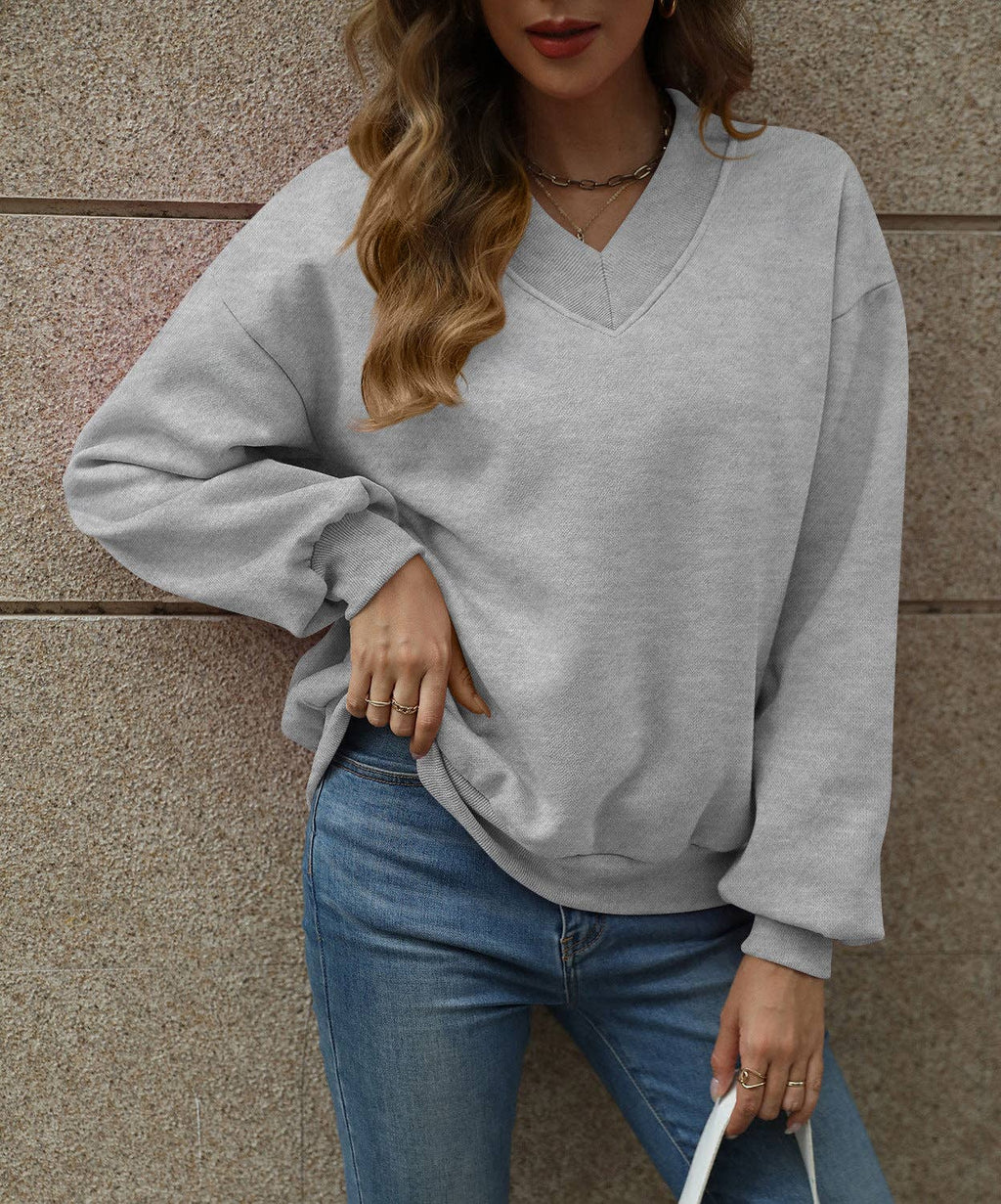 Solid Sweatshirt Casual Oversized V-Neck Pullover: Magenta / 35%Cotton+65%Polyester / M
