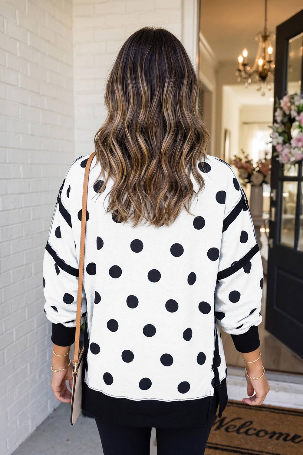 LAS Polka Dot Patchwork Split Hem Casual Sweatshirt (S-XL): White / L