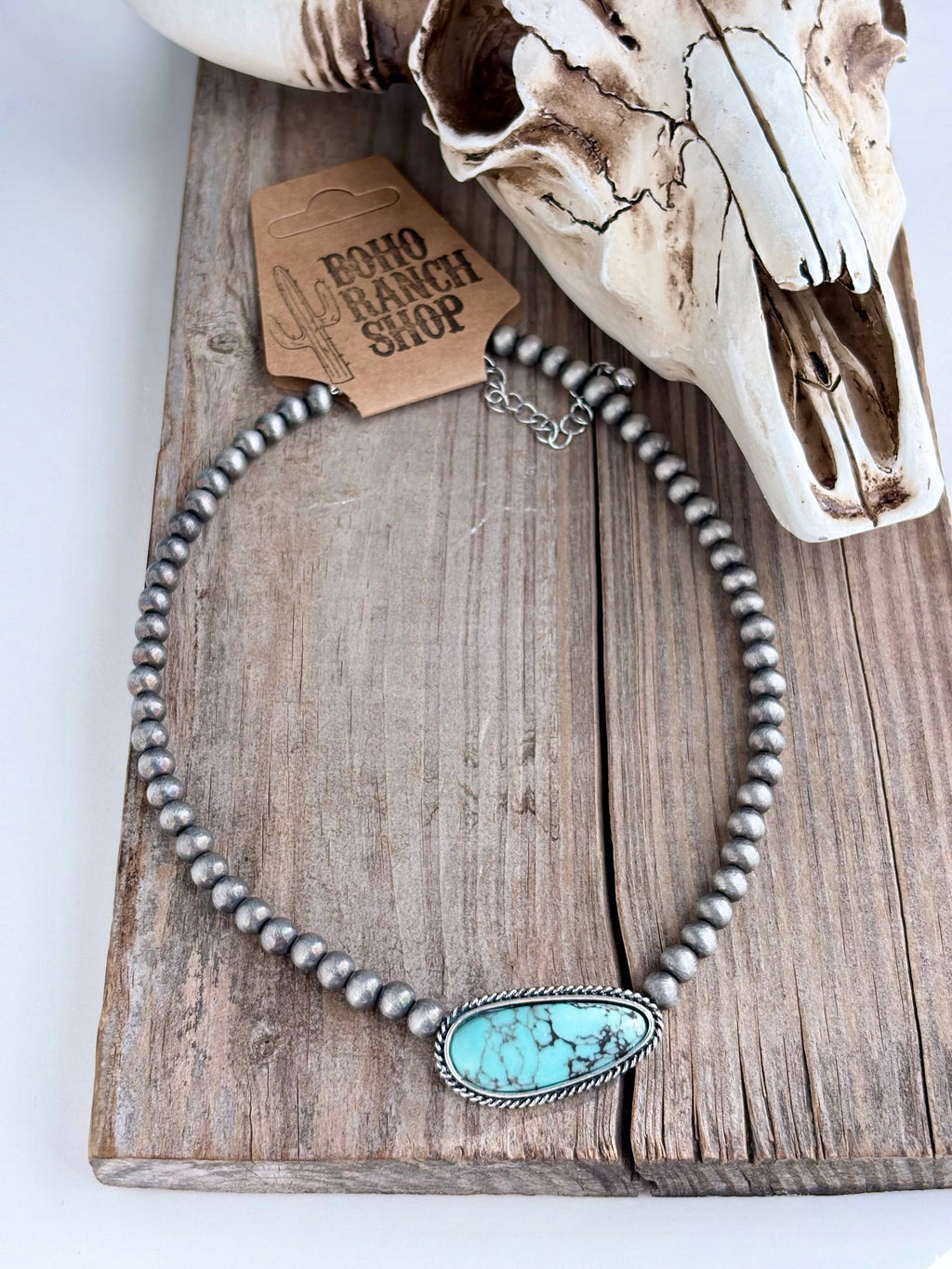 Western Turquoise Stone Pendant Navajo Pearl Choker Necklace: OVAL