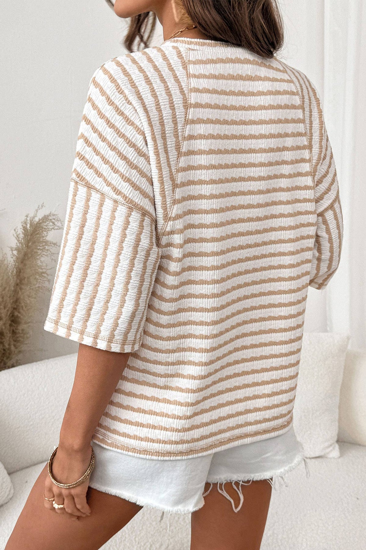 Stripe Textured Knit Split Hem Half Sleeve Top | S-4X: Pink Stripe / XL