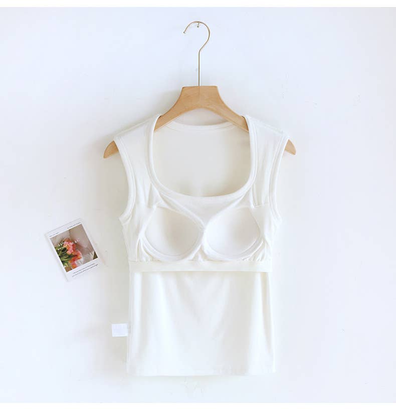 Queen-anne neck cotton blend built-in bra tank top: White / L