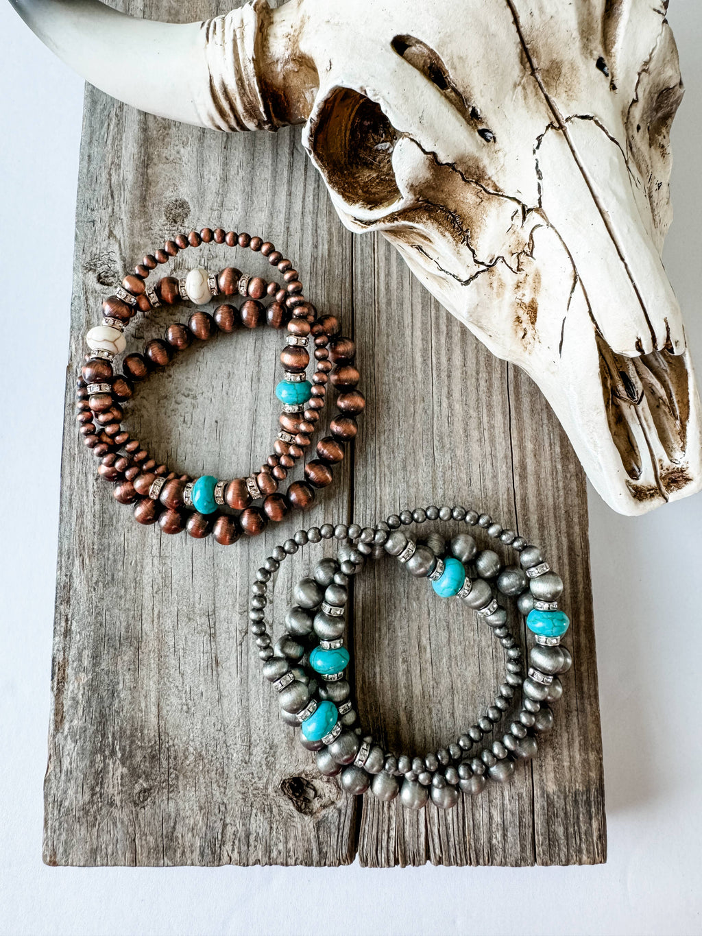 Western Pearl and Bead Stackable Bracelets: SILVER