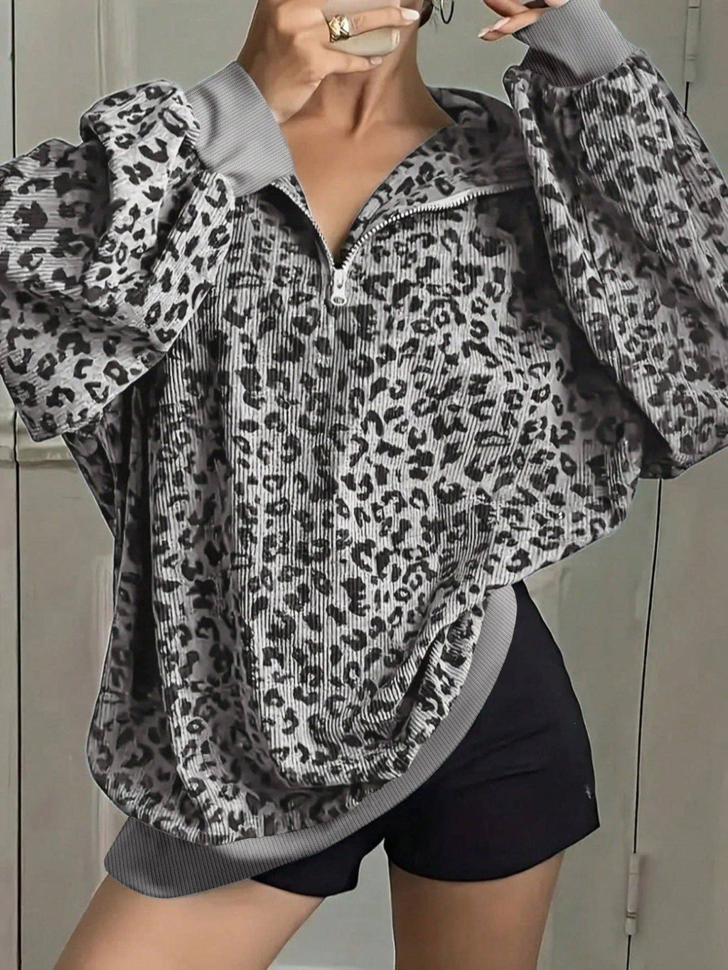 Leopard Corduroy Sweatshirt Streetwear Oversized Half Zip: Gray / 100%polyester / M