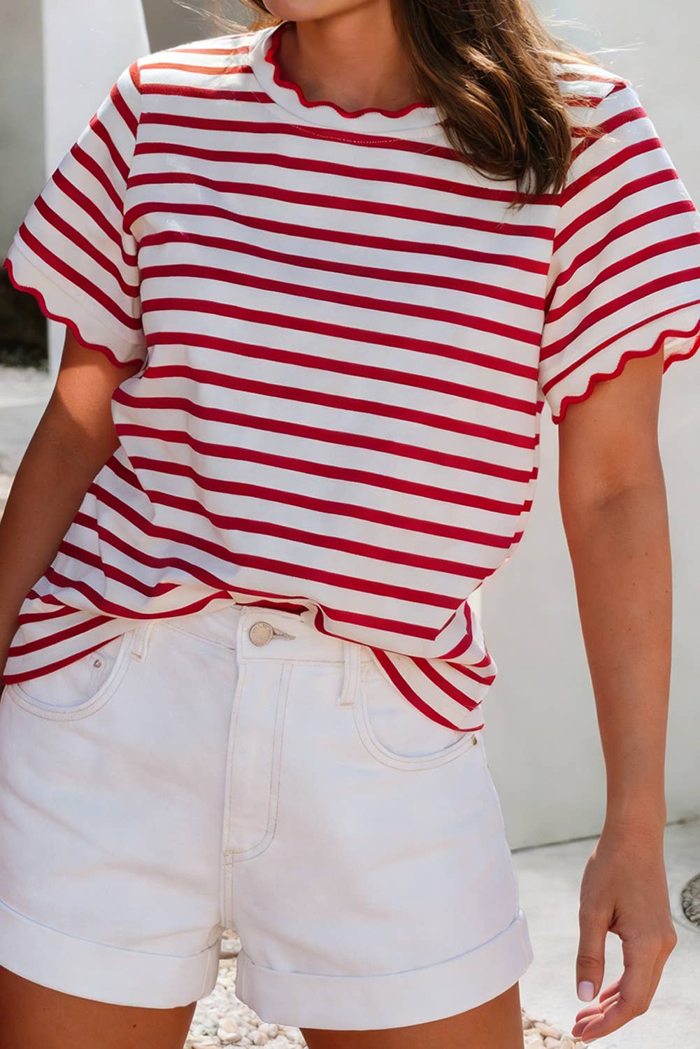 LDC Spring Scalloped Trim Round Neck Stripe T Shirt| S-4X: Green Stripe-2 / M