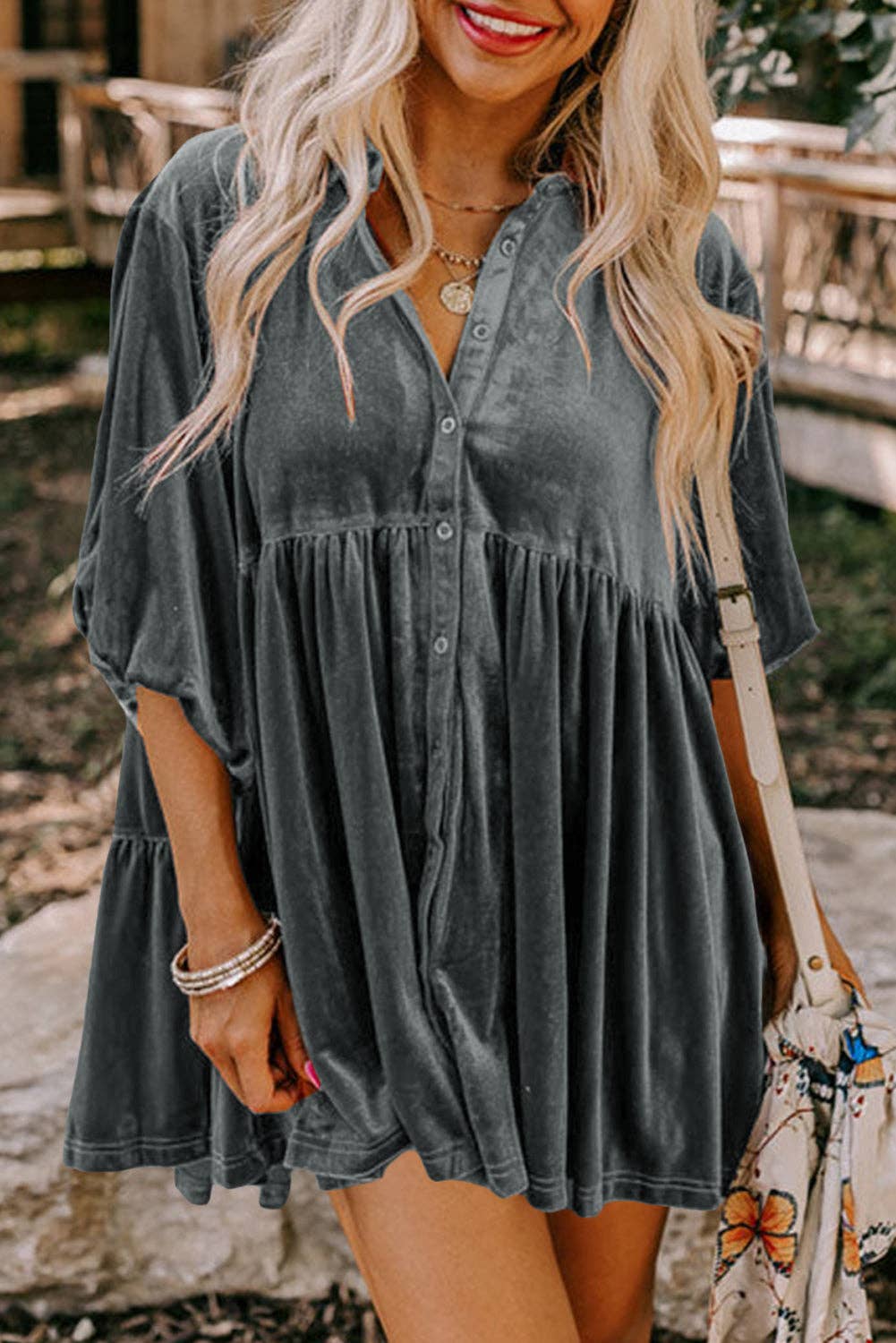 Velvet 3/4 Sleeve Tunic Babydoll Shirt: Pale Khaki / 95%Polyester+5%Elastane / S