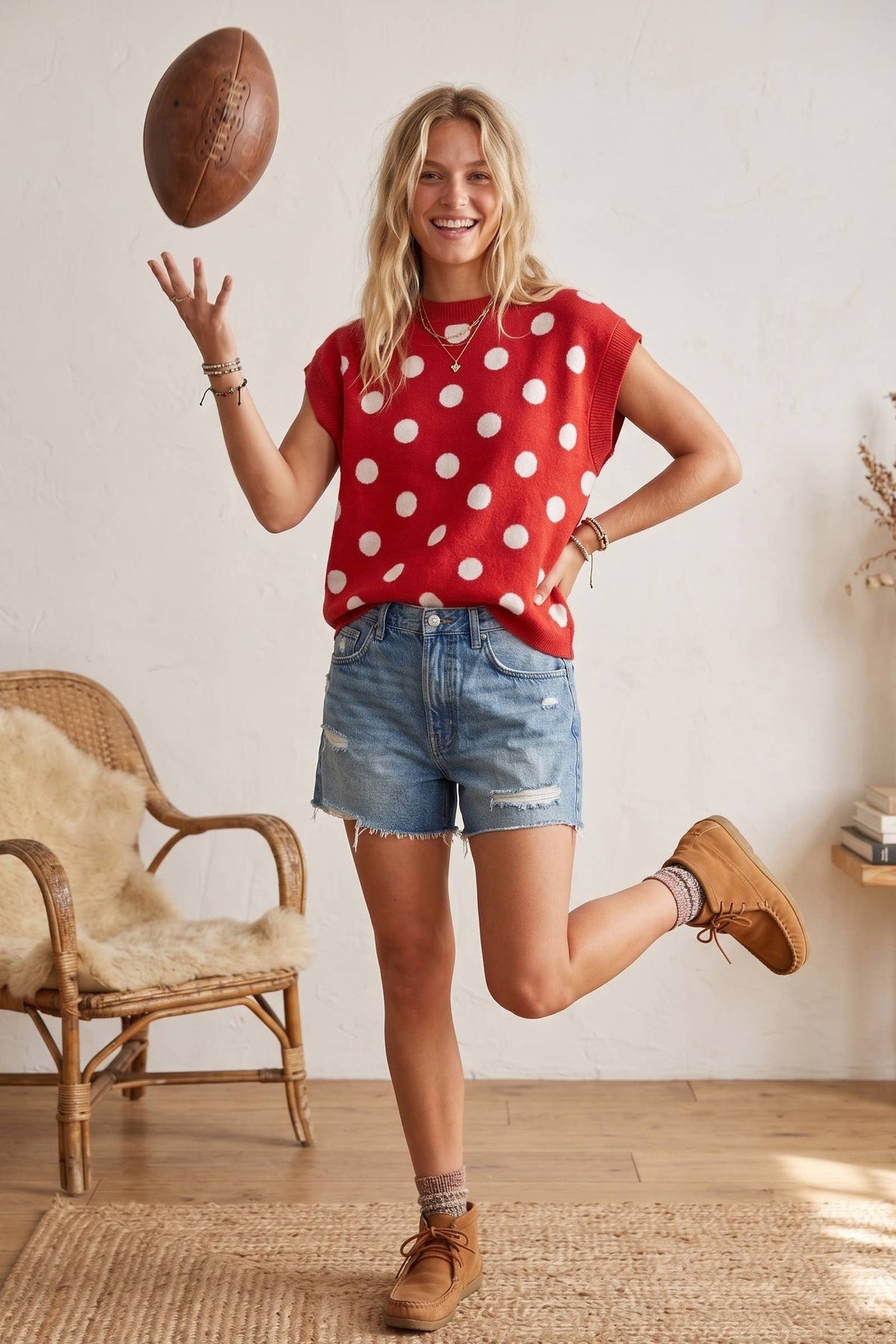 Gameday Polka Dot Sleeveless Knit Top: NAVY/WHITE / L