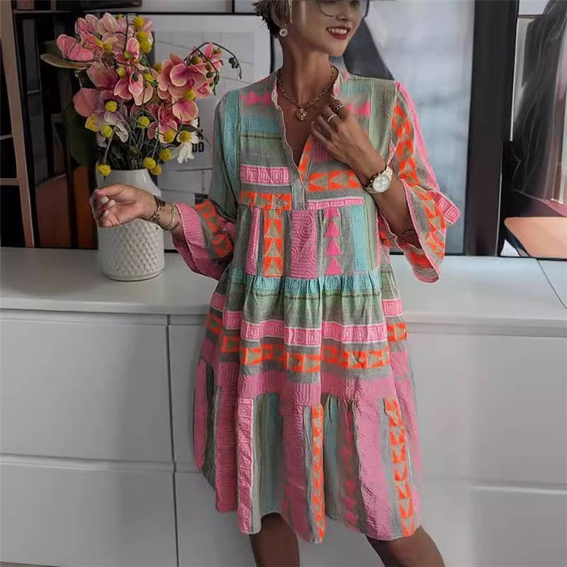 Floral Print V-Neck Mini Dress With Half Sleeves: PRINTING / L