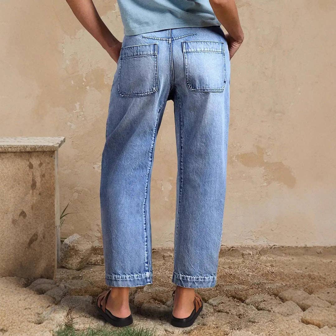 Trendy Casual High-Waisted Loose-Fit Denim Cropped Pants: Light Blue / L