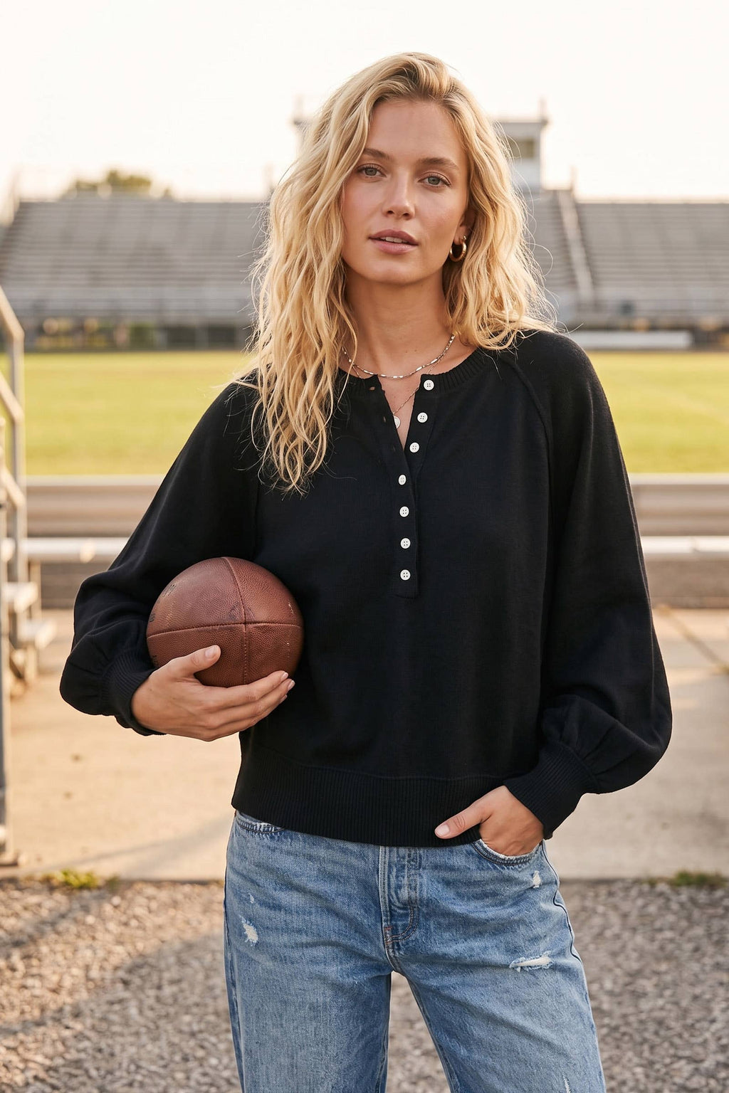 Henley Balloon Sleeve Sweater Top: IVORY / M