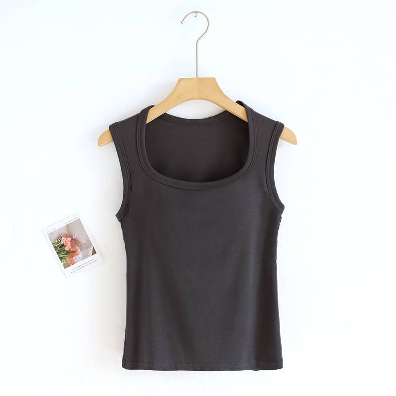 Queen-anne neck cotton blend built-in bra tank top: White / L
