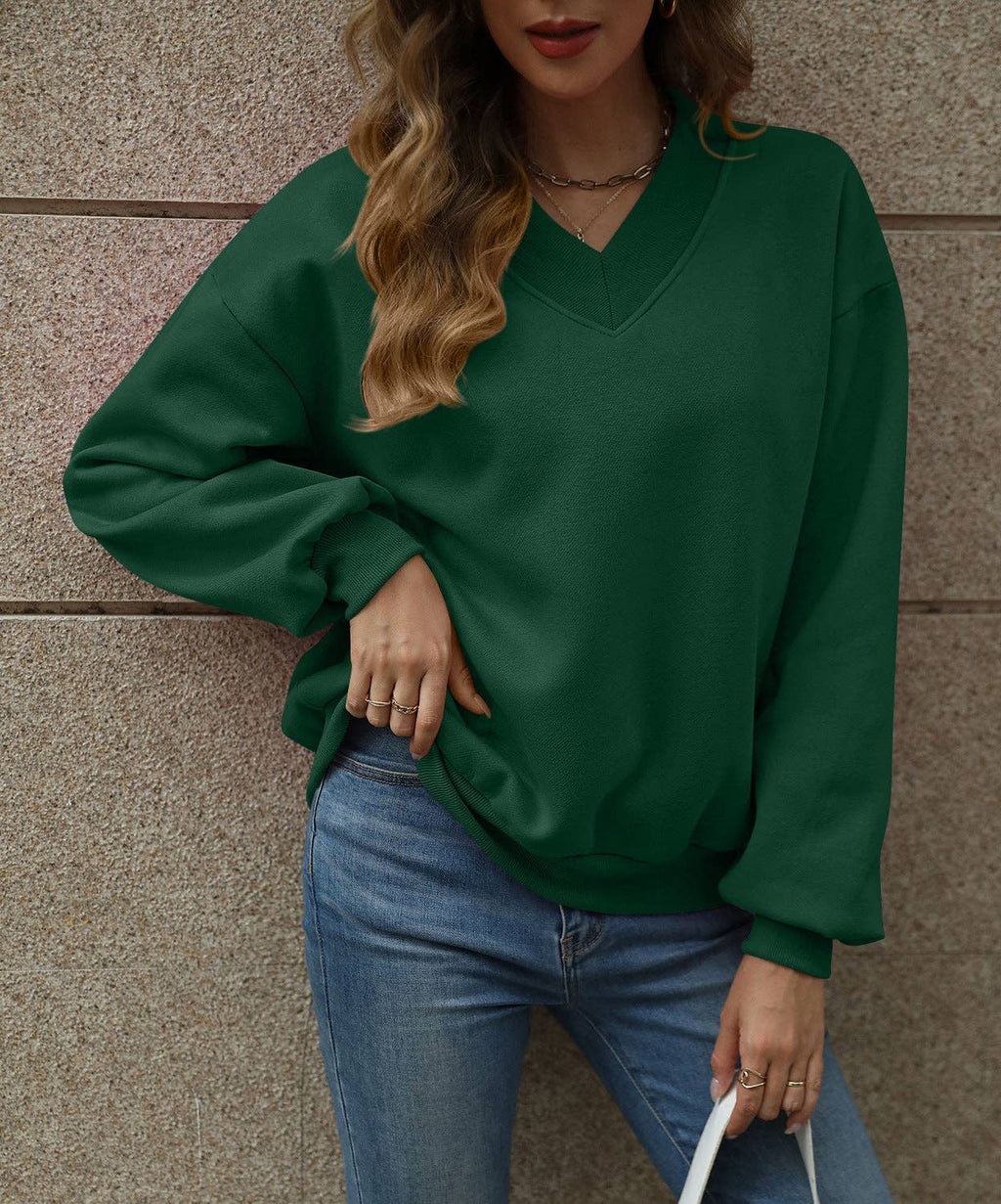 Solid Sweatshirt Casual Oversized V-Neck Pullover: Magenta / 35%Cotton+65%Polyester / M