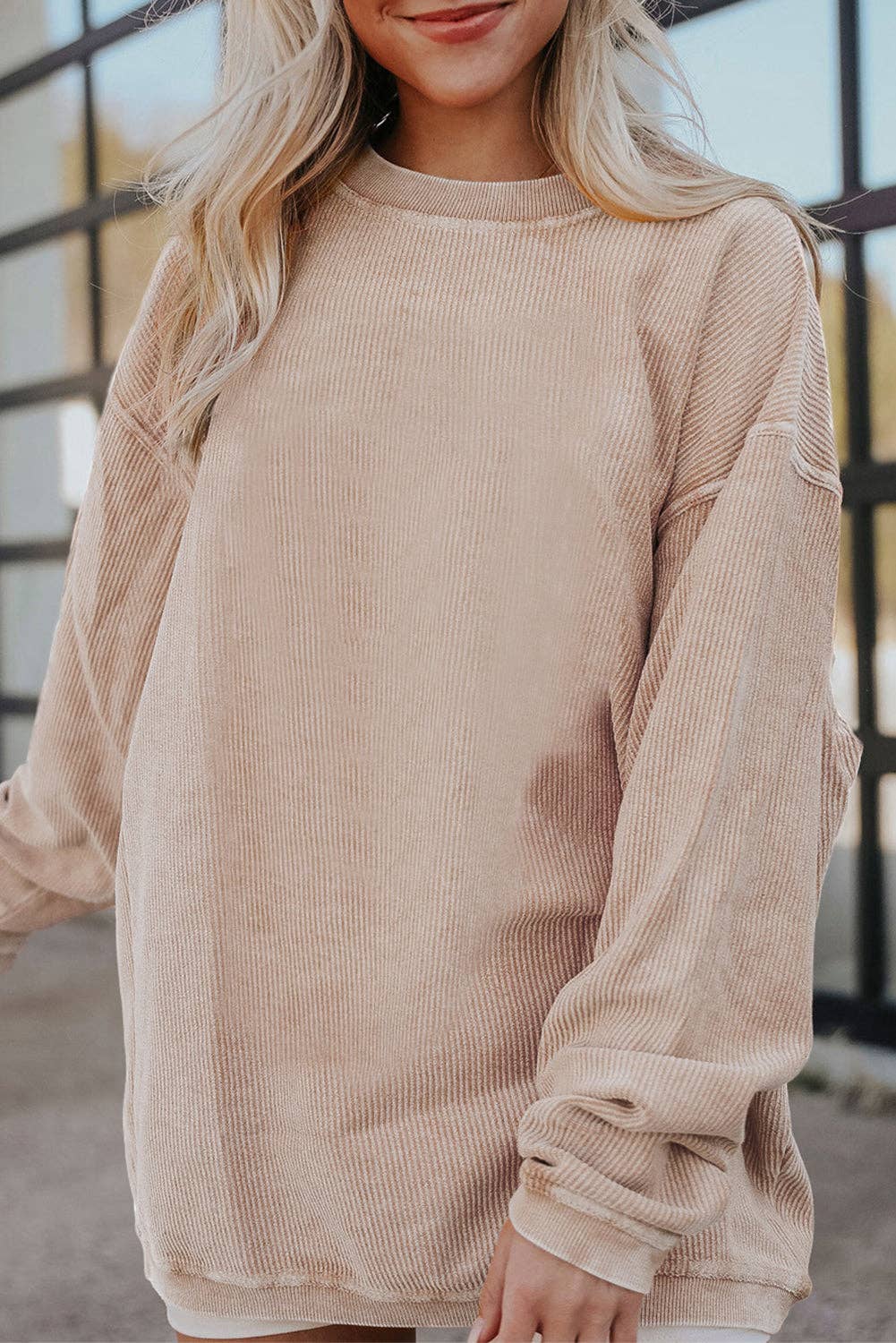 Ribbed Corded Oversized Sweatshirt: Black / 100%Polyester / L