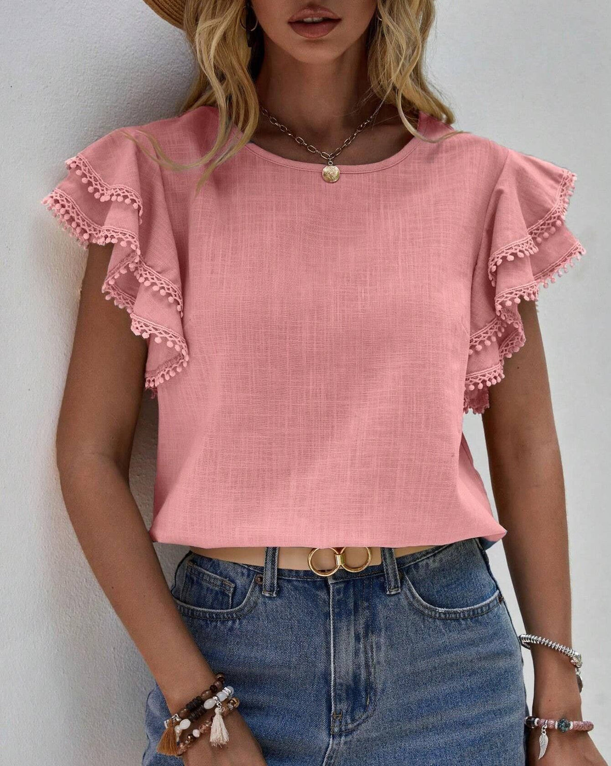Summer Casual Loose Shirt Ruffle Short Sleeve Top: Pink / XXL