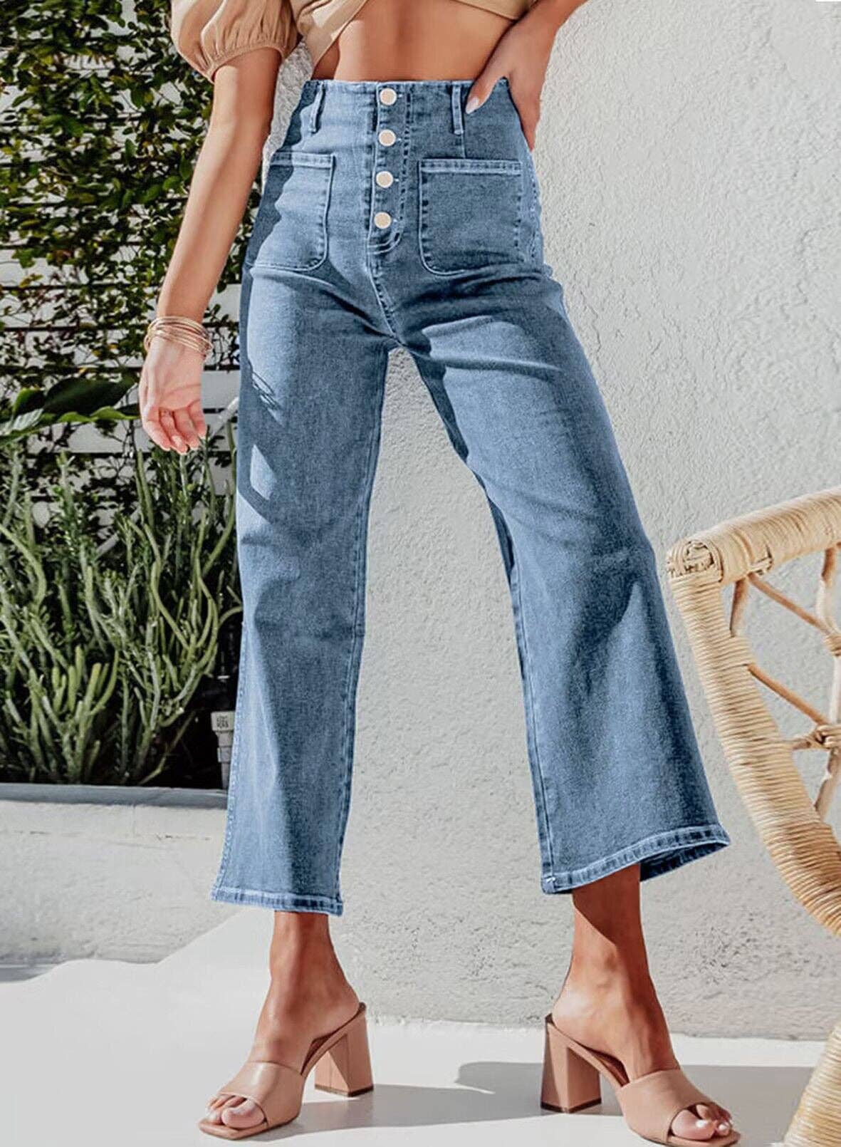 High-Waisted Stretch Denim Pants for Women - Classic Straight-Leg Jeans: Black / L