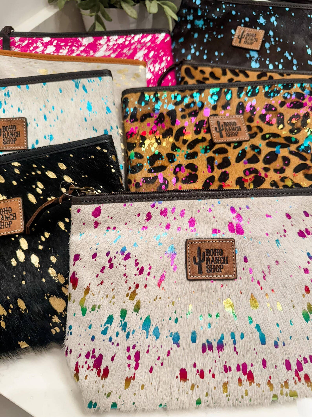 Western Cowhide Makeup Bag Travel: LEOPARD + RAINBOW