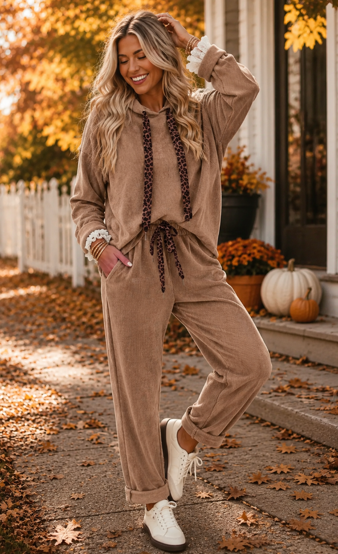 Leopard Drawstring Set: Beige / Medium