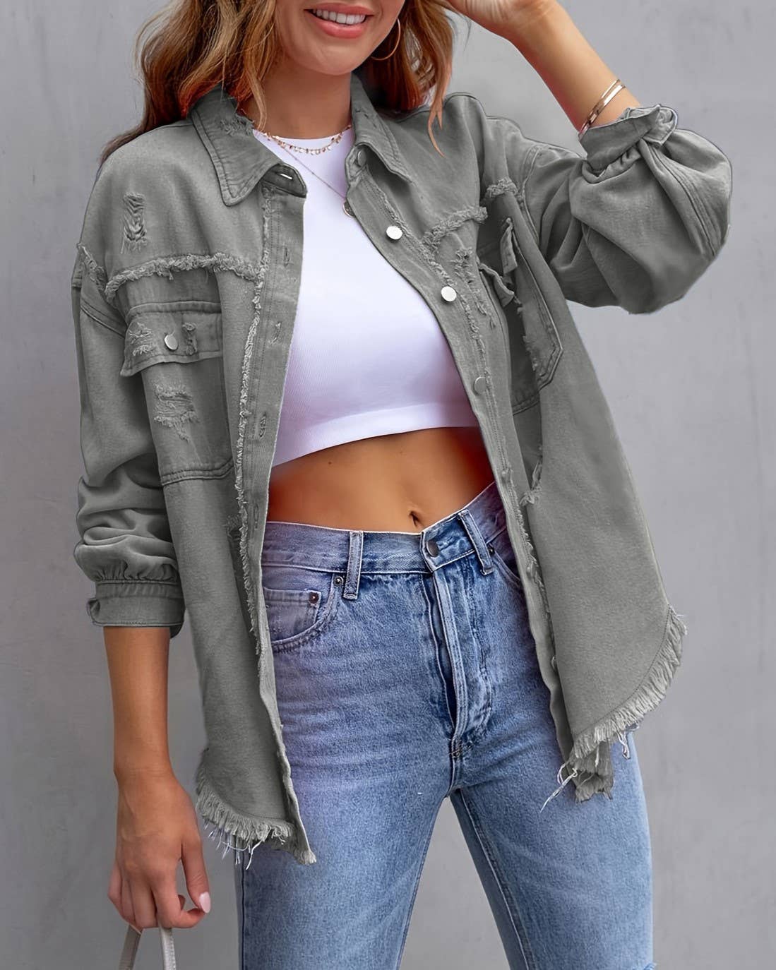 Ripped Long-Sleeved Denim Jacket: Black / XL