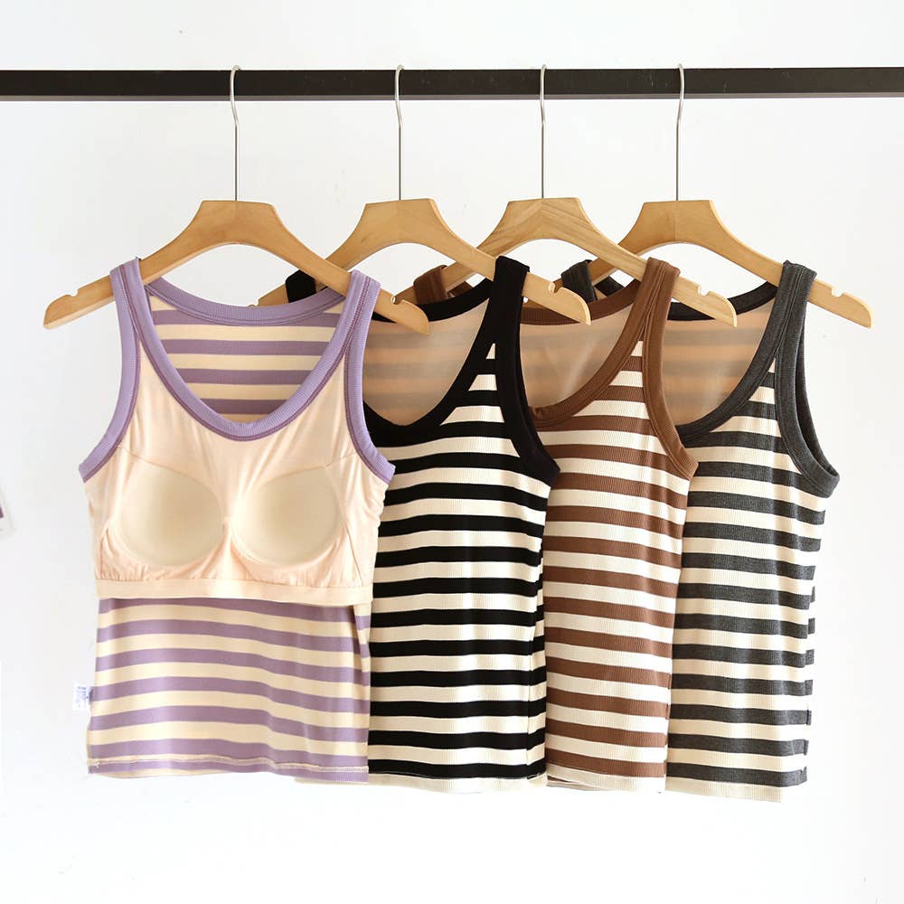 Stripe scoop neck rib knit built-in bra tank top: Black / M