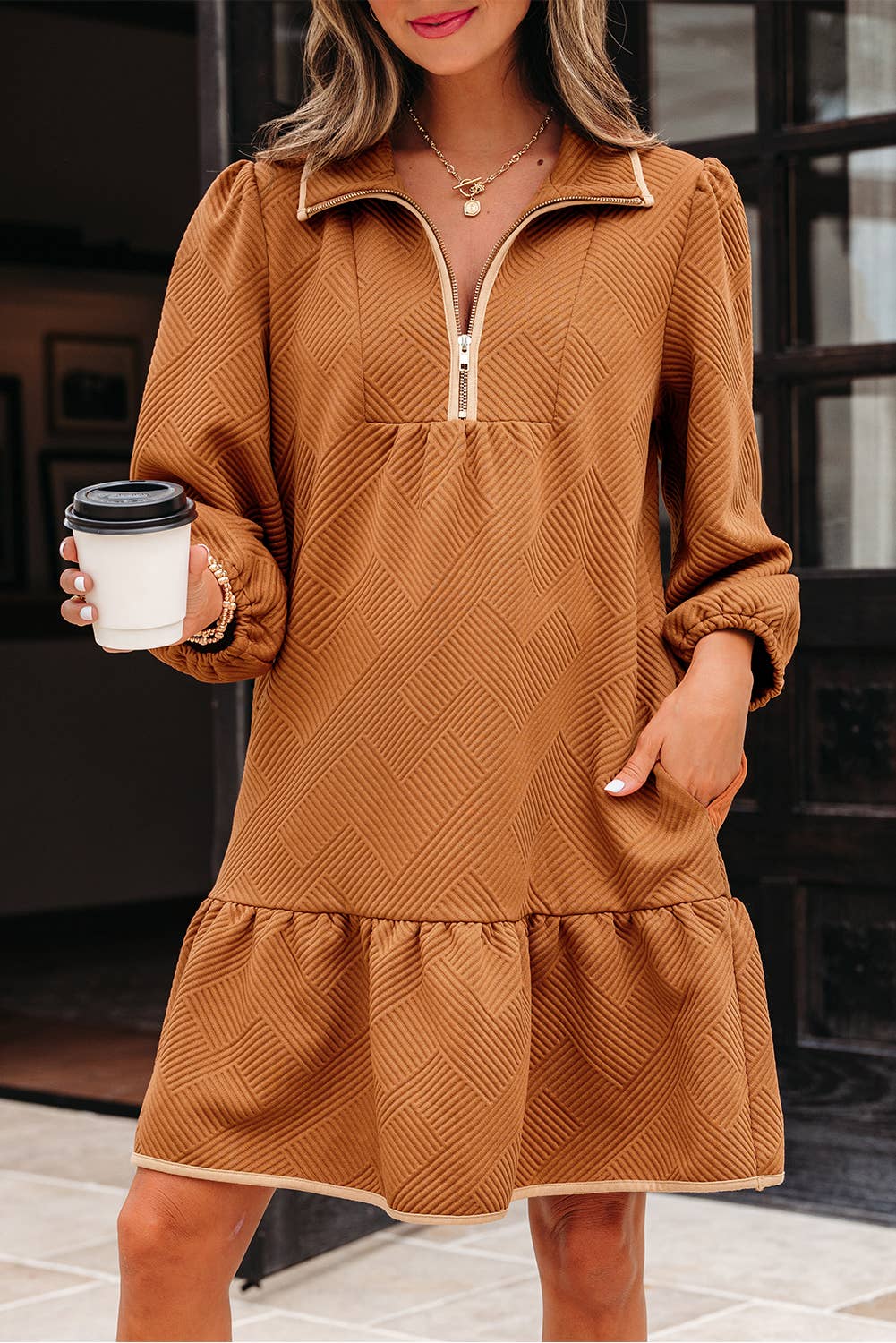 LDC Quarter Zip Collar Bracelet Sleeve Textured Mini Dress: Desert Gold / M