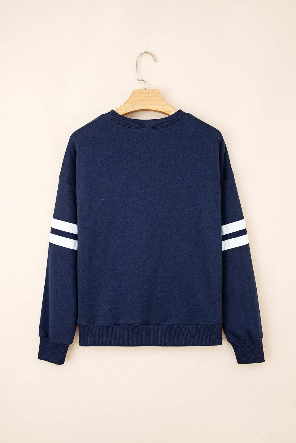 Varsity Striped Detail Drop Shoulder Oversized Sweatshirt: Navy Blue / 65%Polyester+35%Cotton / S
