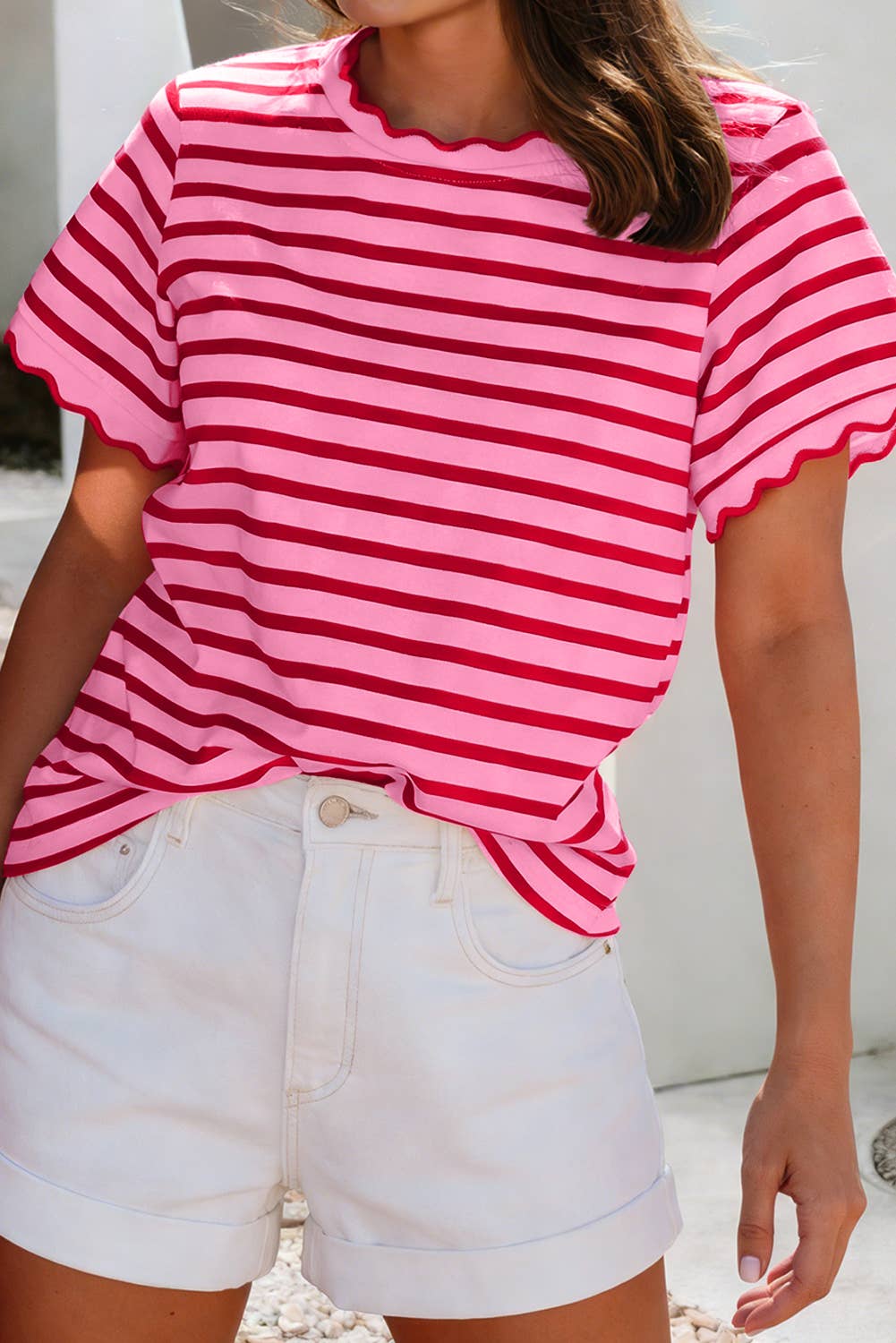 LDC Spring Scalloped Trim Round Neck Stripe T Shirt| S-4X: Green Stripe-2 / M