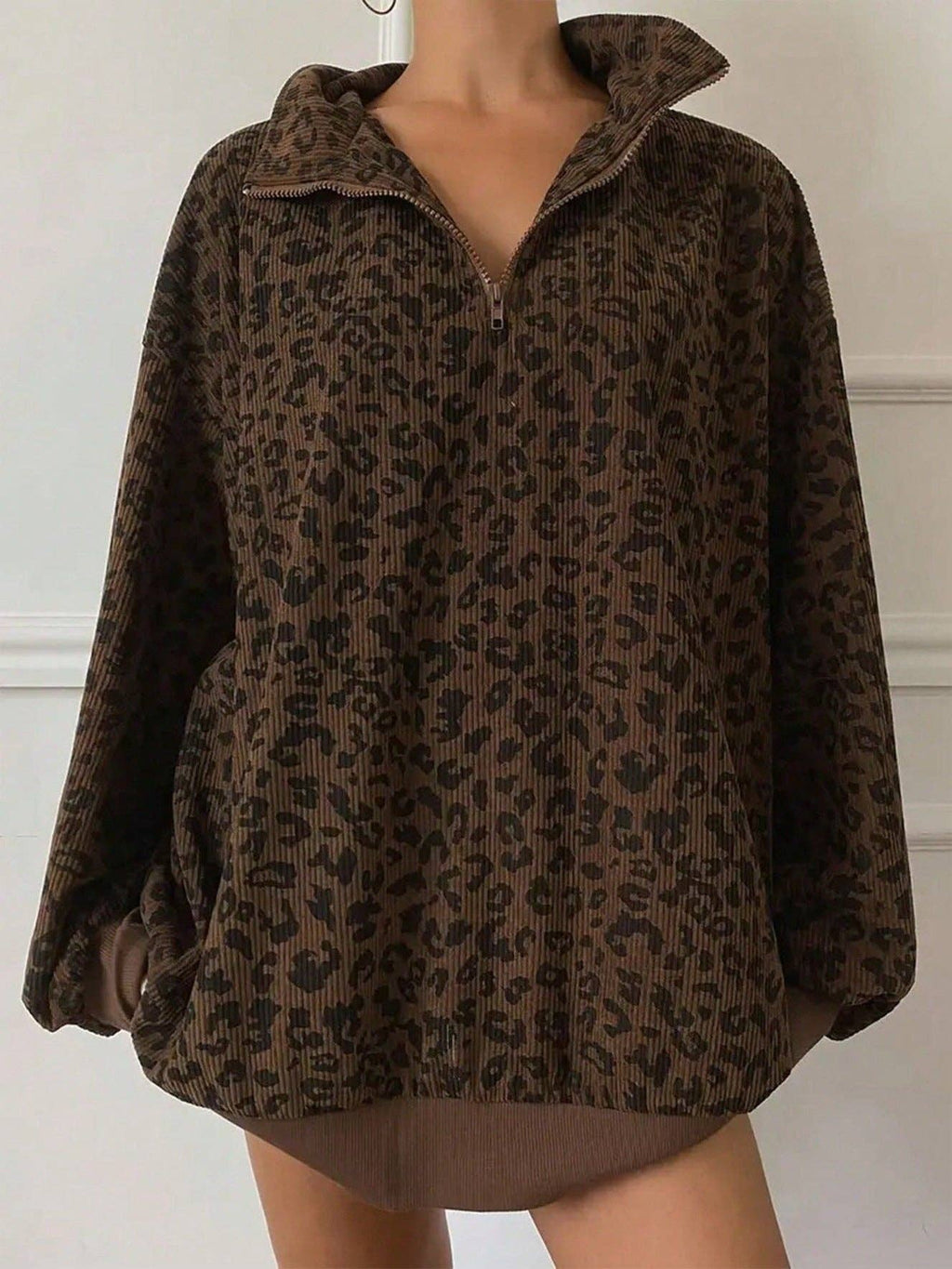Leopard Corduroy Sweatshirt Streetwear Oversized Half Zip: Gray / 100%polyester / L