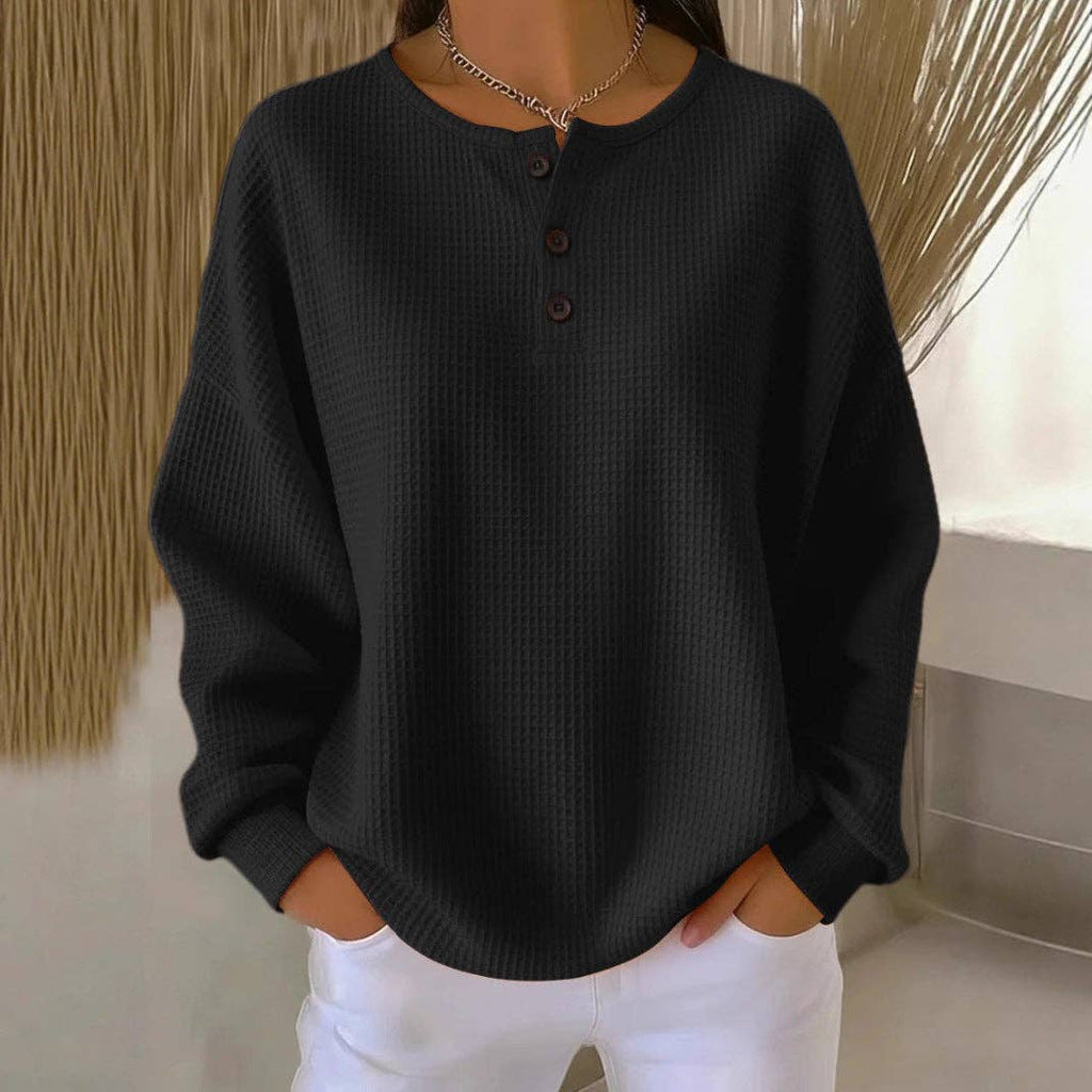 Waffle Knit Henley Top Oversized Long Sleeve Pullover: White / 100%Polyester / S